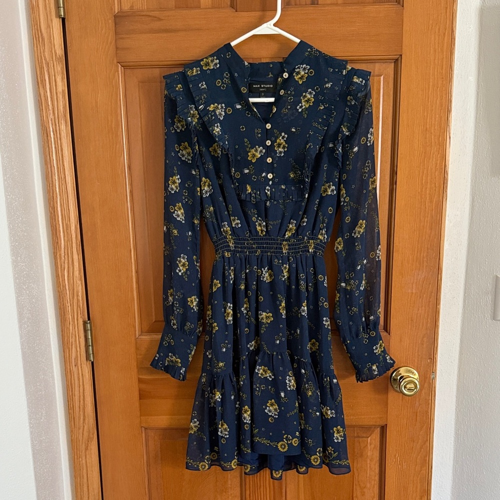 Max Studio Navy and Gold Floral Long Sleeve Dress